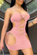 Pink Sexy Solid Hollowed Out Spaghetti Strap Pencil Skirt Dresses