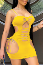 Yellow Sexy Solid Hollowed Out Spaghetti Strap Pencil Skirt Dresses