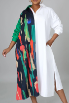 Multicolor Casual Print Split Joint Turndown Collar Shirt Dress Dresses