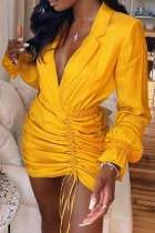 Yellow Sexy Solid Split Joint Draw String Fold Turn-back Collar Wrapped Skirt Dresses