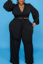Black Casual Solid Bandage Split Joint V Neck Plus Size Two Pieces