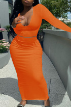 Orange Sexy Solid Split Joint V Neck Long Sleeve Two Pieces