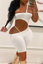 White Sexy Solid Hollowed Out Patchwork Strapless Skinny Jumpsuits