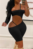 Black Sexy Solid Hollowed Out Patchwork Strapless Skinny Jumpsuits
