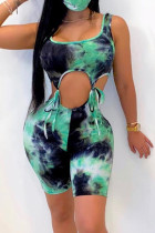 Green Fashion Sexy Print Tie Dye Hollowed Out Strap Design U Neck Skinny Jumpsuits