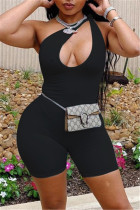 Black Sexy Casual Solid Hollowed Out One Shoulder Skinny Romper