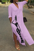 purple Fashion Cap Sleeve Long Sleeves V Neck Step Skirt Mid-Calf Print