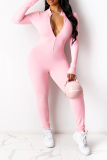 Pink Sexy Solid Patchwork Zipper Collar Skinny Jumpsuits