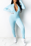 Light Blue Sexy Solid Patchwork Zipper Collar Skinny Jumpsuits