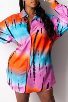 Multicolor Sexy Print Split Joint Turndown Collar Shirt Dress Dresses