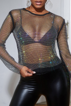 Black Sexy Solid Mesh O Neck Tops