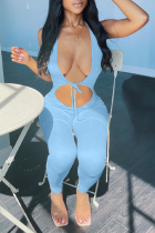 Blue Sexy Solid Hollowed Out Halter Skinny Jumpsuits