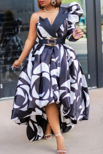 Black Elegant Print Split Joint Asymmetrical Asymmetrical Collar Ball Gown Dresses