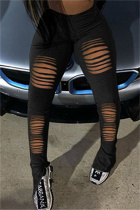 Black Fashion Casual Solid Ripped Slit Skinny High Waist Pencil Trousers