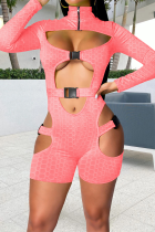Pink Sexy Solid Hollowed Out Turndown Collar Skinny Jumpsuits