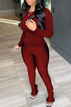 Burgundy Fashion Sexy Solid Split Joint O Neck Long Sleeve Two Pieces