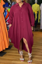Burgundy Fashion Elegant Solid Patchwork Turndown Collar Irregular Dress Plus Size Dresses