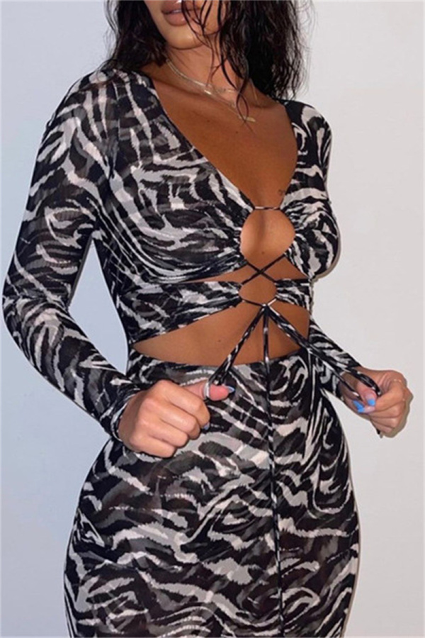 Black Fashion Sexy Print Bandage Hollowed Out Long Sleeve Dresses