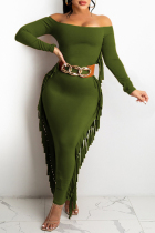 Ink Green Fashion Casual Solid Tassel Off the Shoulder Long Sleeve Dresses (Without Belt)