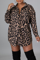 Leopard Print Sexy Print Leopard Split Joint Buckle Turndown Collar Shirt Dress Dresses