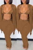 Brown Fashion Casual Solid Cardigan Vests Pants Long Sleeve Three-piece Set