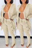 Apricot Fashion Casual Solid Cardigan Vests Pants Long Sleeve Three-piece Set