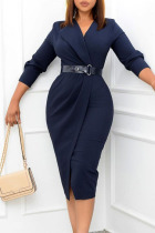 Deep Blue Elegant Solid Split Joint With Belt Turn-back Collar One Step Skirt Dresses