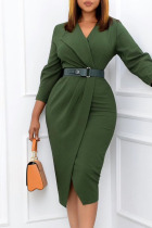 Green Elegant Solid Split Joint With Belt Turn-back Collar One Step Skirt Dresses