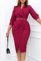 Rose Red Elegant Solid Split Joint With Belt Turn-back Collar One Step Skirt Dresses