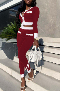Red Casual Solid Buckle O Neck Long Sleeve Two Pieces