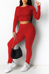 Red Sexy Solid Split Joint Frenulum Backless O Neck Long Sleeve Two Pieces