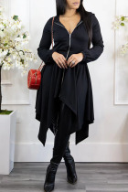 Black Casual Solid Split Joint Asymmetrical Zipper Hooded Collar Irregular Dress Dresses