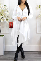 White Casual Solid Split Joint Asymmetrical Zipper Hooded Collar Irregular Dress Dresses
