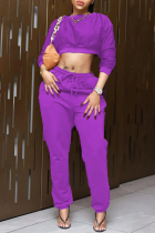 Purple Fashion Casual Solid Basic O Neck Long Sleeve Two Pieces