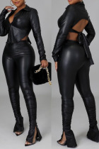 Black Sexy Solid Split Joint Buckle Slit Asymmetrical Turndown Collar Long Sleeve Two Pieces
