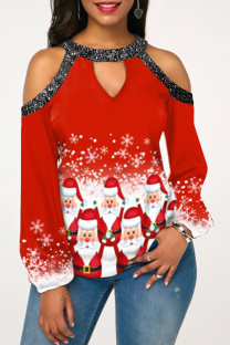 White Red Christmas Day Casual Party Hollowed Out Split Joint Print Christmas Tree Printed Snowman Printed Costumes
