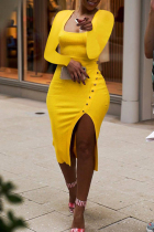 Yellow Sexy Casual Solid Slit Square Collar Long Sleeve Dresses