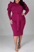 Rose Red Fashion Casual Solid With Belt O Neck Long Sleeve Plus Size Dresses