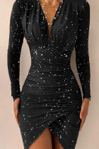 Black Fashion Sexy Print Asymmetrical V Neck Long Sleeve Dresses