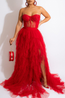 Red Fashion Sexy Casual Sexy Lace See-through Party Mesh Strapless Dresses