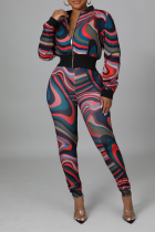Colour Sexy Print Split Joint Zipper Collar Long Sleeve Two Pieces