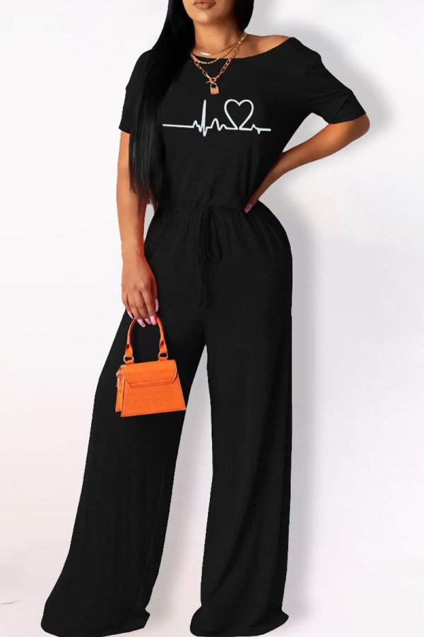 Black Fashion Casual Print Basic O Neck Regular Jumpsuits