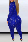 Blue Fashion Sexy Solid Ripped See-through Turtleneck Long Sleeve Two Pieces