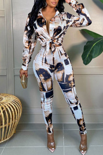 Apricot Fashion Casual Print Basic Turndown Collar Long Sleeve Two Pieces