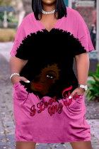 Black Pink Fashion Casual Print Basic V Neck Short Sleeve Dress