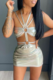 Silver Sexy Solid Hollowed Out Patchwork Pencil Skirt Dresses