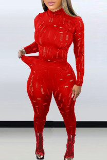 Red Fashion Sexy Solid Ripped See-through Turtleneck Long Sleeve Two Pieces