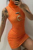 Orange Sexy Print Split Joint Turtleneck One Step Skirt Dresses