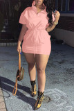 Pink Fashion Casual Solid V Neck Short Sleeve Dress