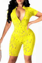 Yellow Fashion Sexy Solid Ripped Hollowed Out Zipper Collar Skinny Romper